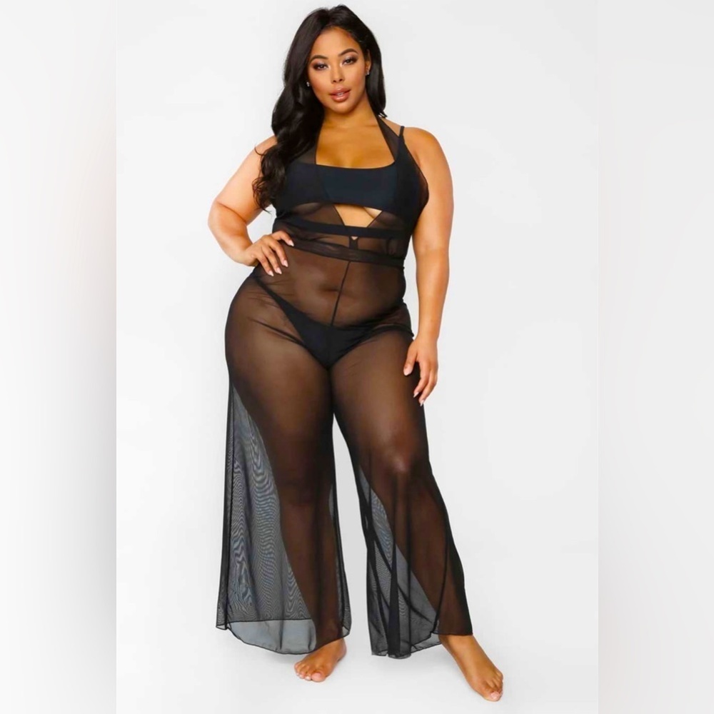 New Trendy Black V-Neck Sleeveless Wide Leg Sheer Jumpsuit Cover Up Swimwear